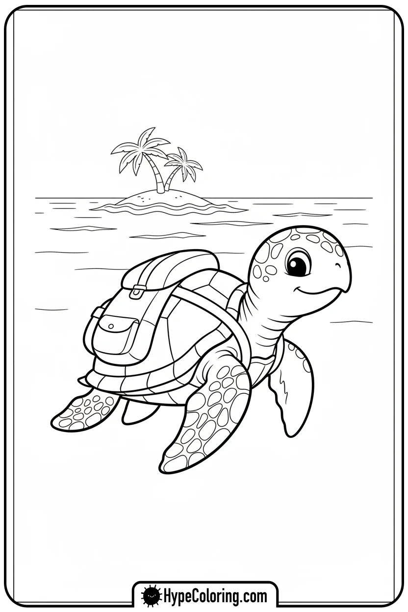 sea-turtle-with-backpack-to-island - sea turtle coloring page