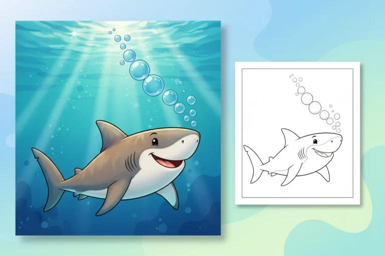 a-cheerful-bull-shark-blowing - shark coloring page