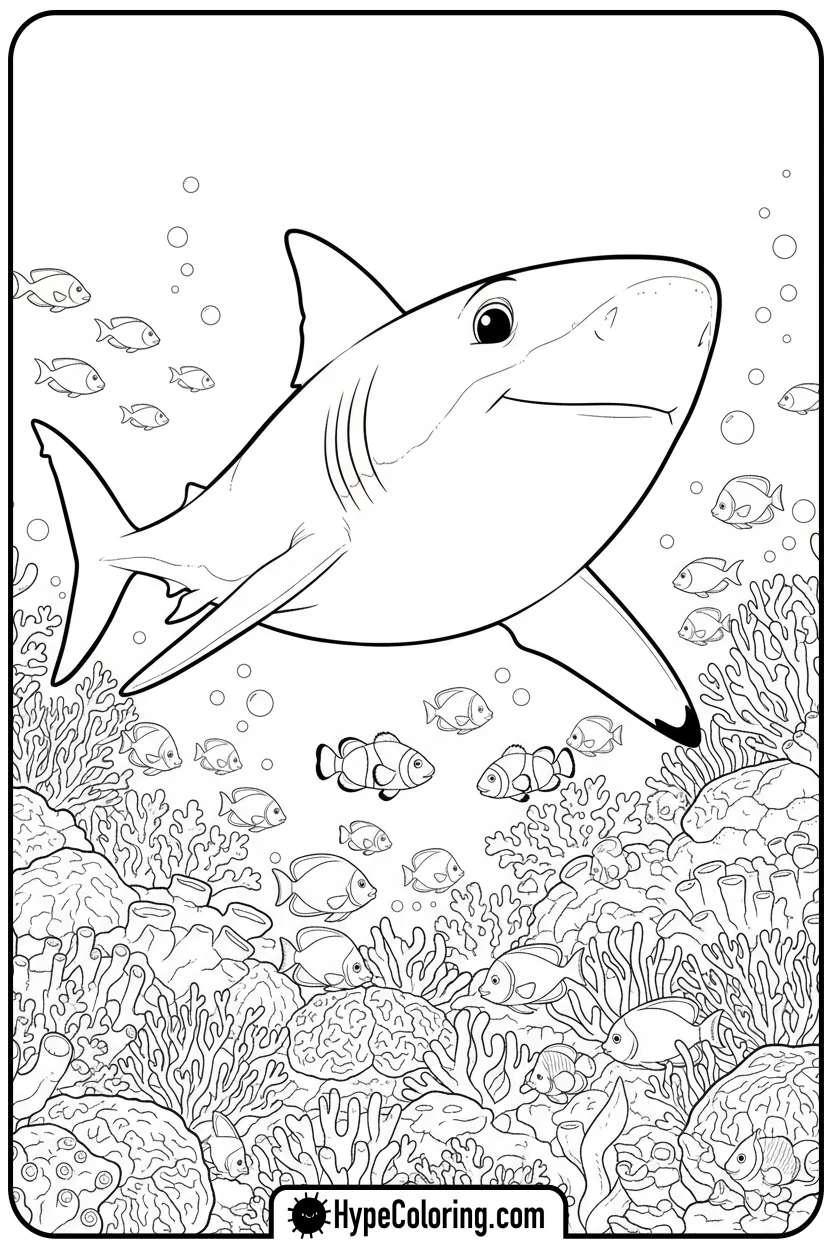 friendly-shark-in-coral-reef - shark coloring page