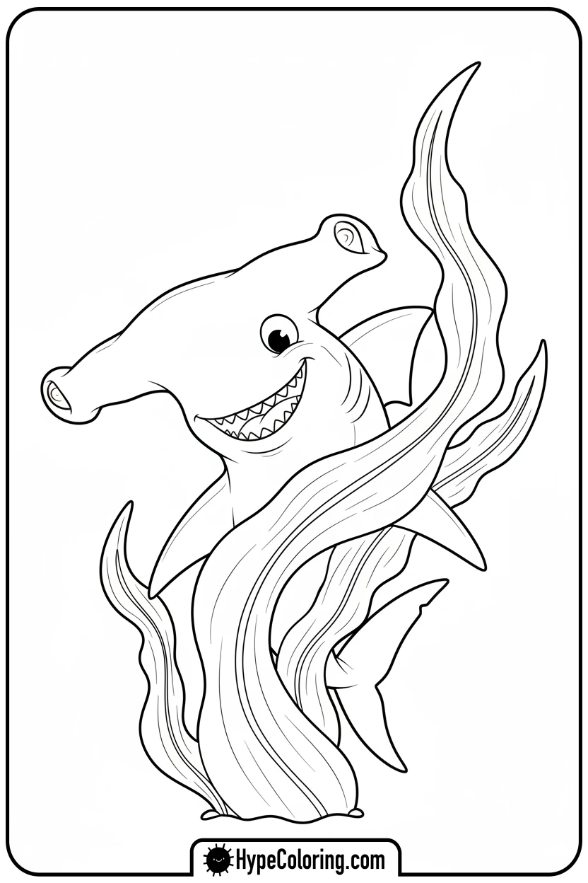 hammerhead-shark-peeking-from-kelp - shark coloring page