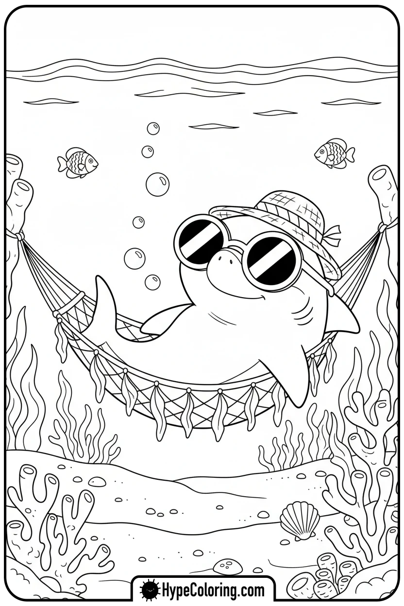 shark-relaxing-in-hammock - shark coloring page