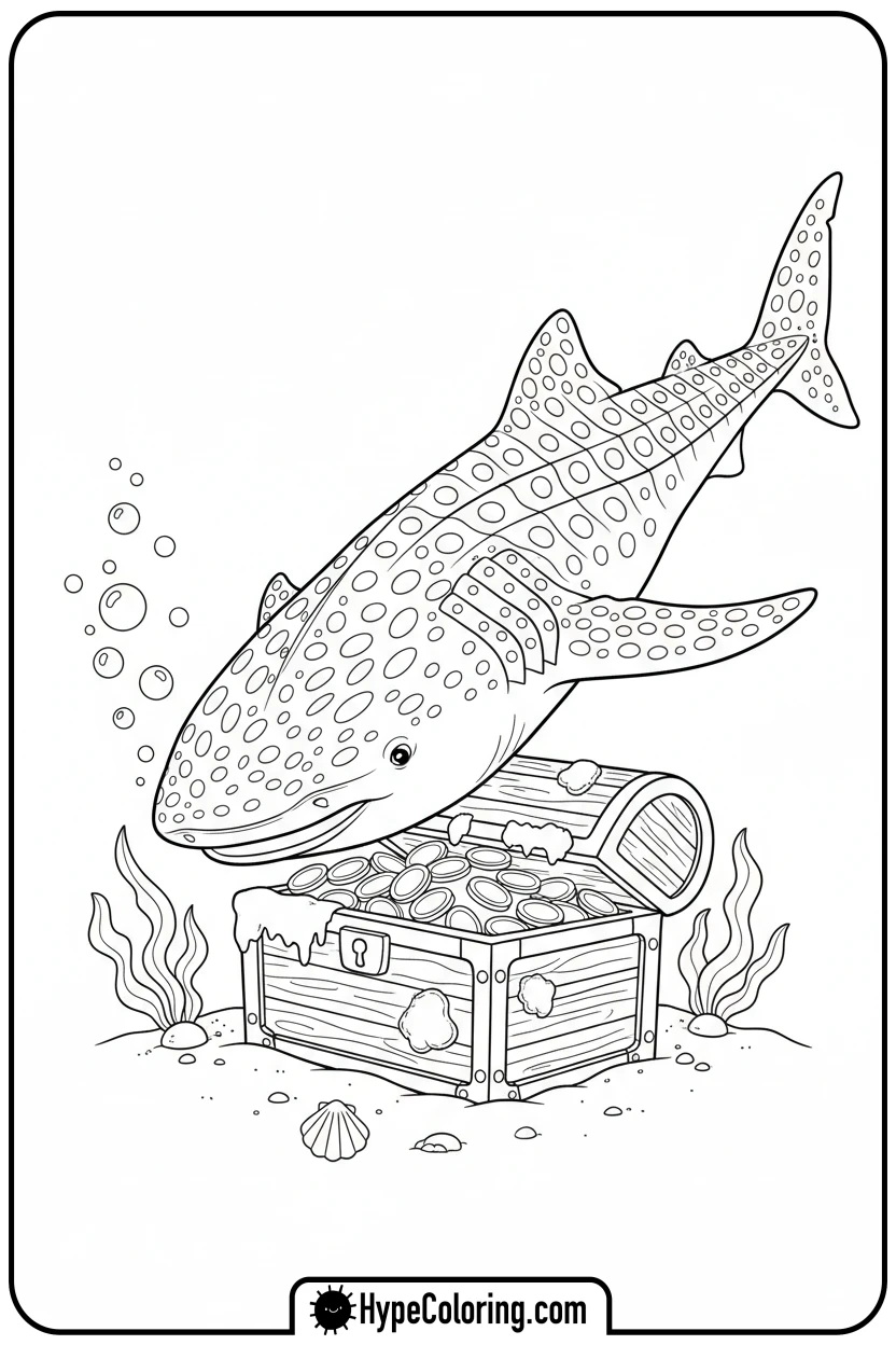whale-shark-finds-treasure - shark coloring page