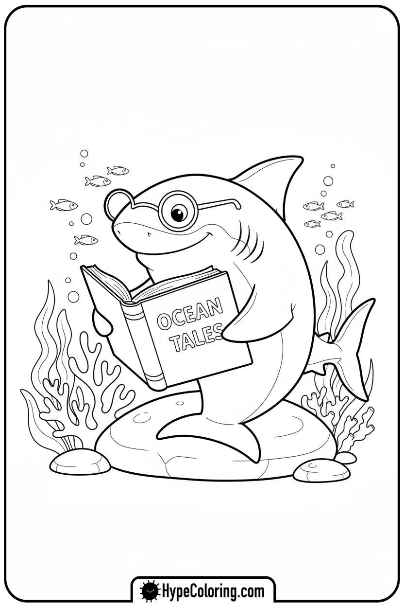 shark-reading-an-ocean-book - shark coloring page