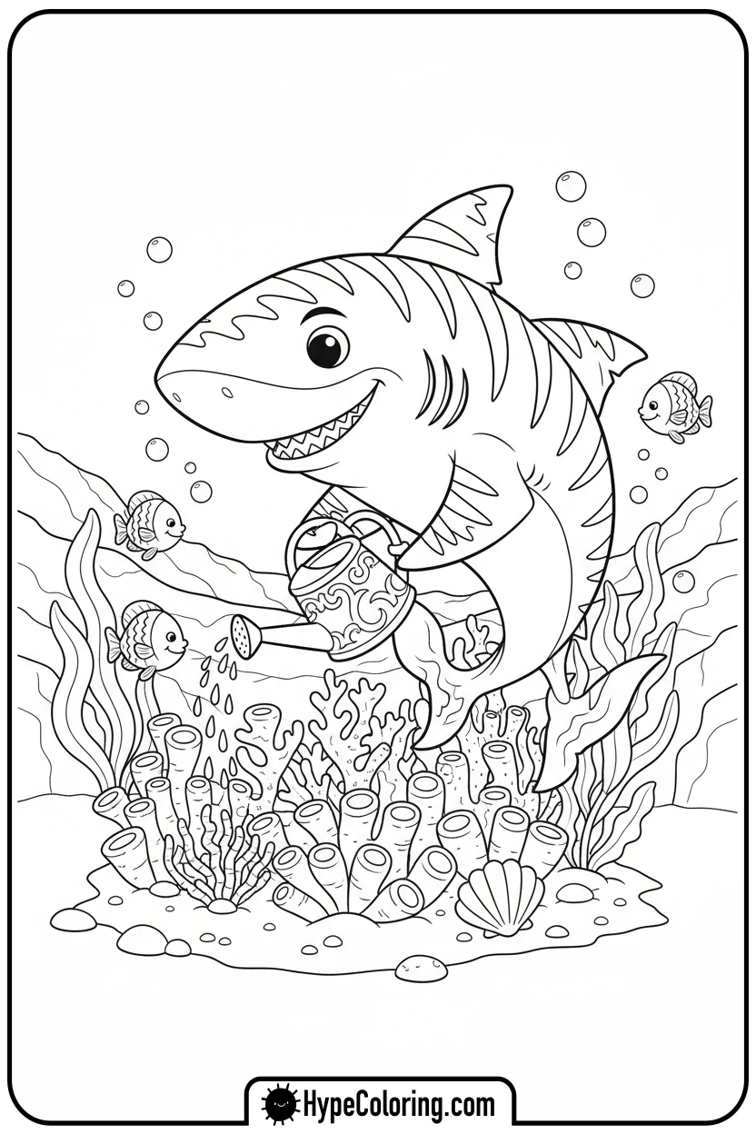 tiger-shark-watering-garden - shark coloring page