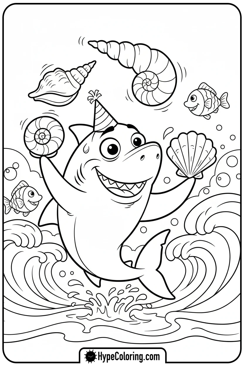 shark-juggling-seashells - shark coloring page
