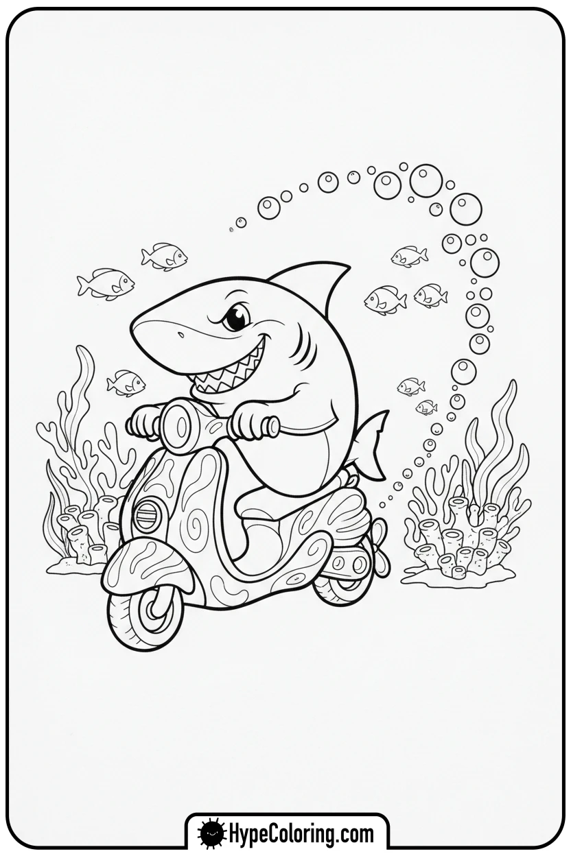 shark-driving-underwater-scooter - shark coloring page