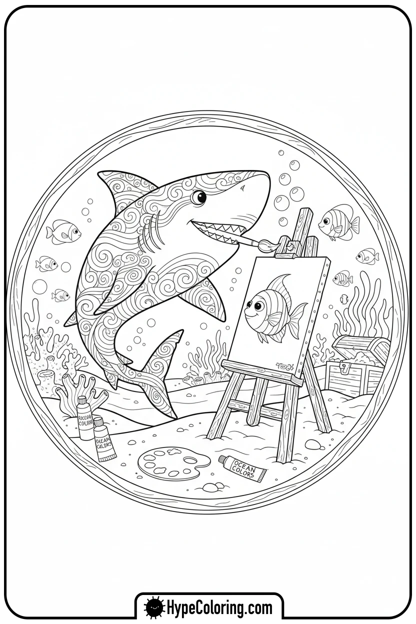shark-painting-a-fish - shark coloring page