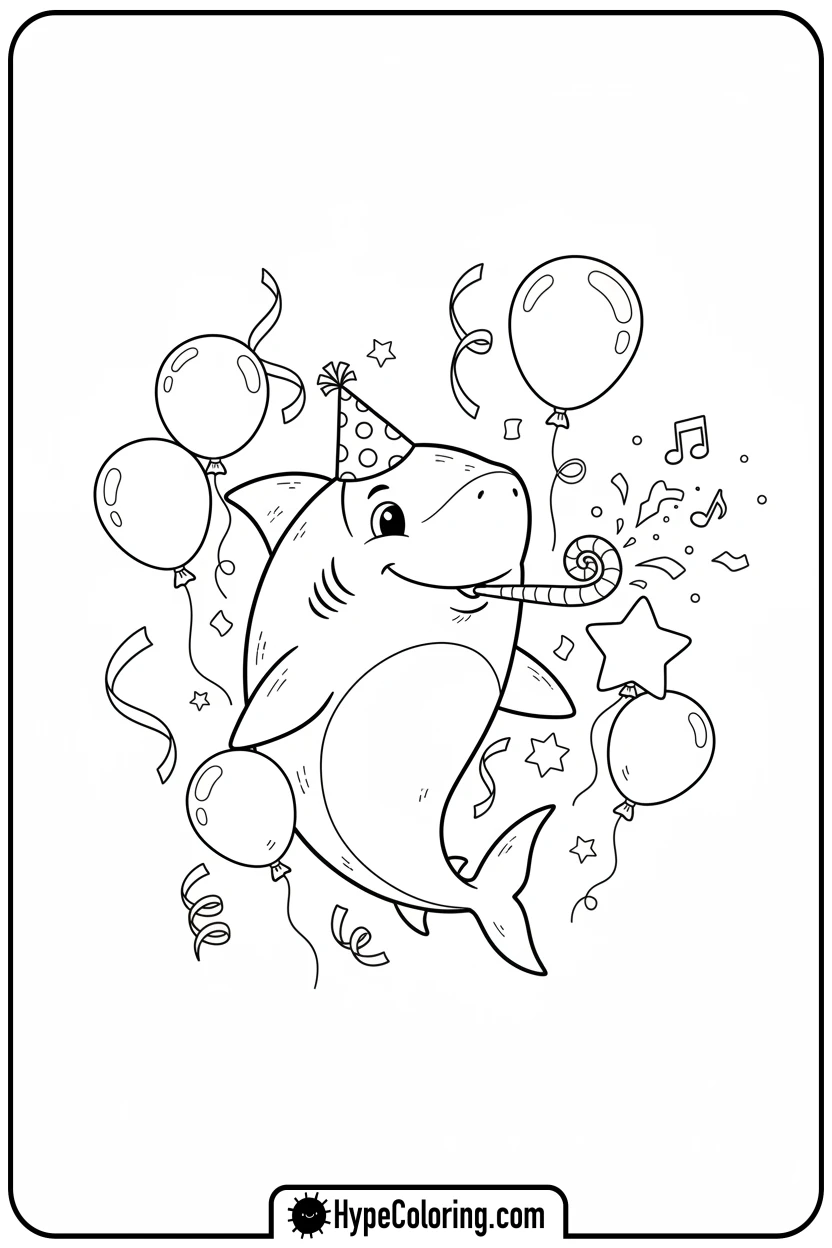 party-shark-with-party-hat - shark coloring page
