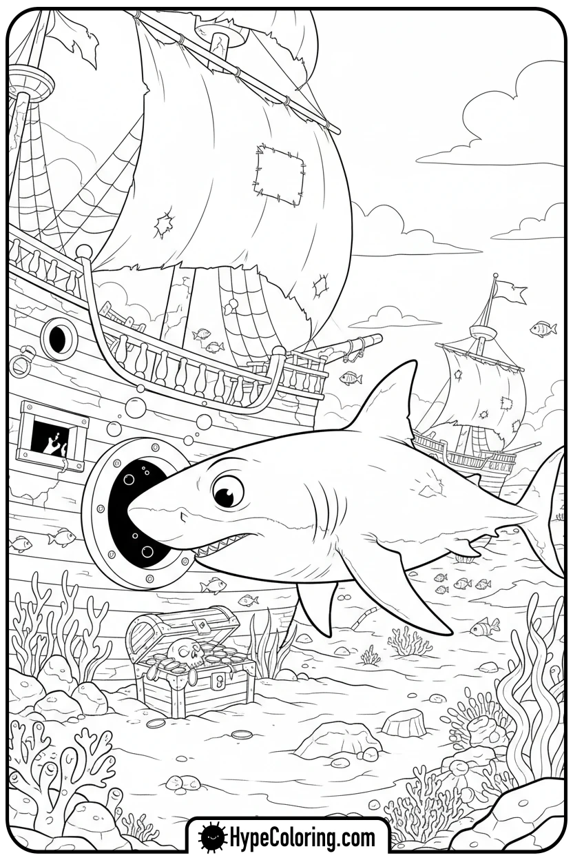 shark-exploring-pirate-ship - shark coloring page