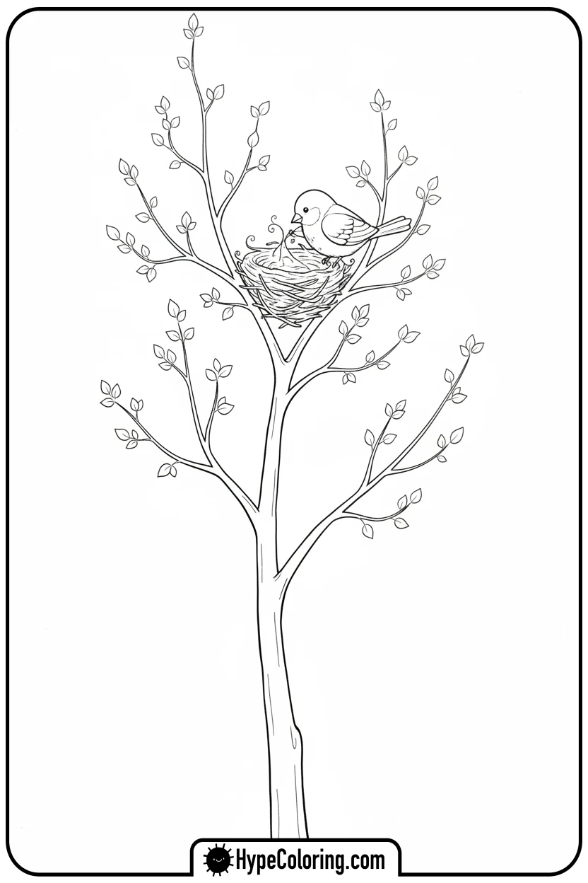 spring-tree-with-bird-nest - tree coloring pages