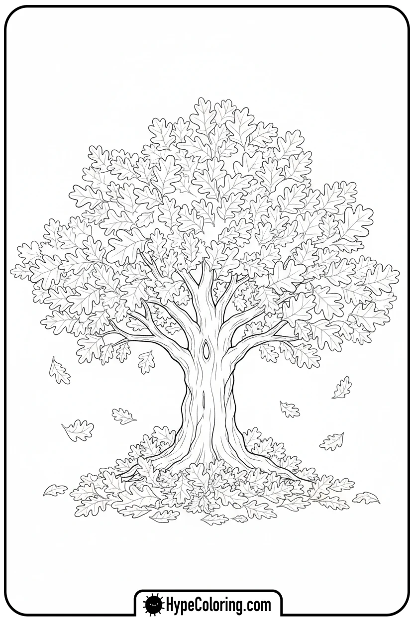 autumn-oak-tree-with-falling-leaves - tree coloring pages