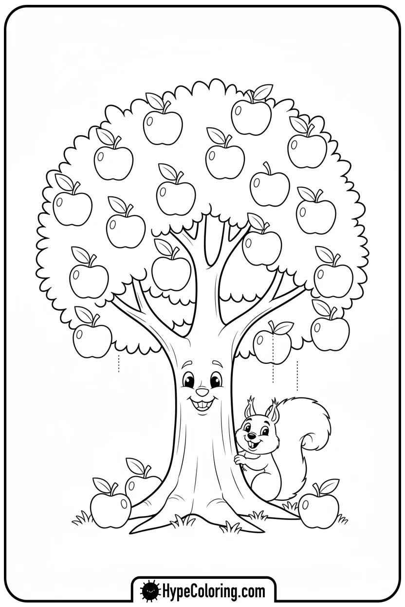 apple-tree-with-squirrel - tree coloring pages