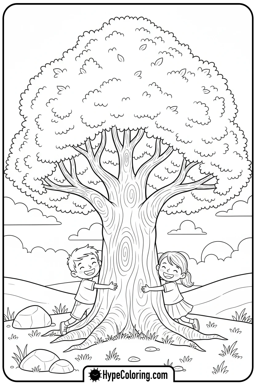 children-hugging-a-tree - tree coloring pages