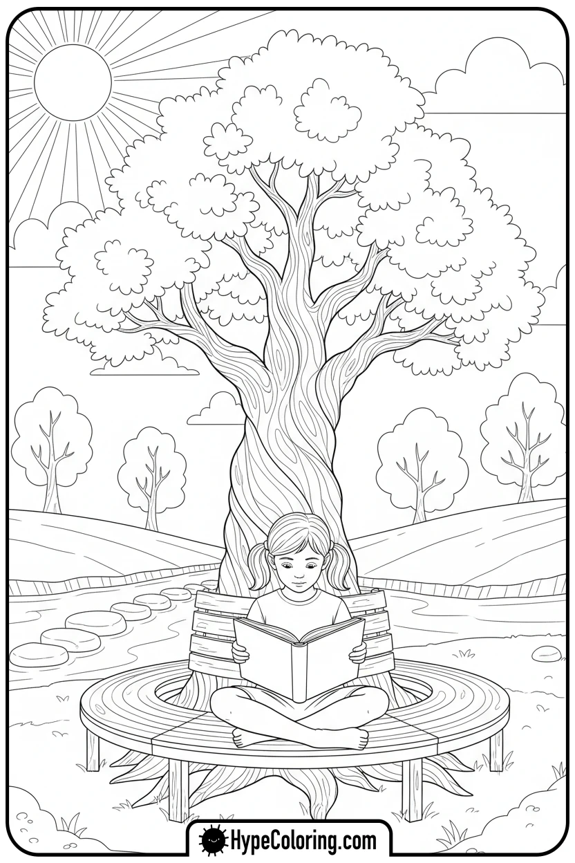 child-reading-under-tree - tree coloring pages