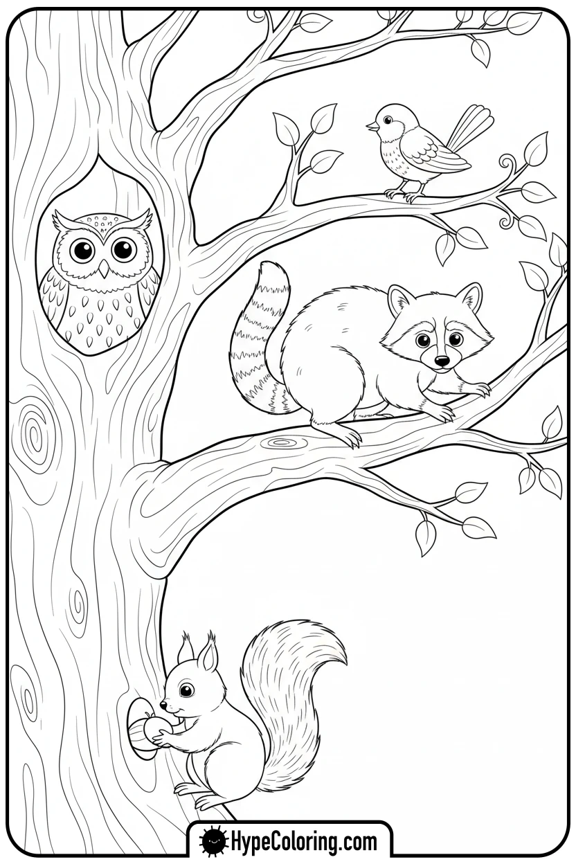 woodland-animals-in-tree - tree coloring pages
