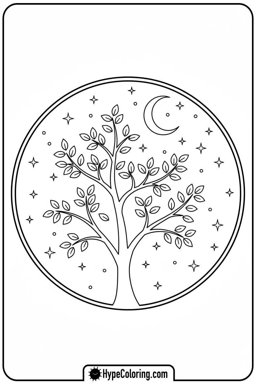 tree-under-starry-moon - tree coloring pages