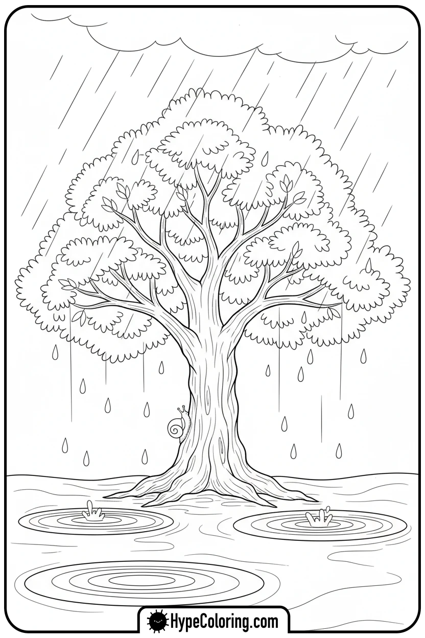 rainy-tree-with-snail - tree coloring pages