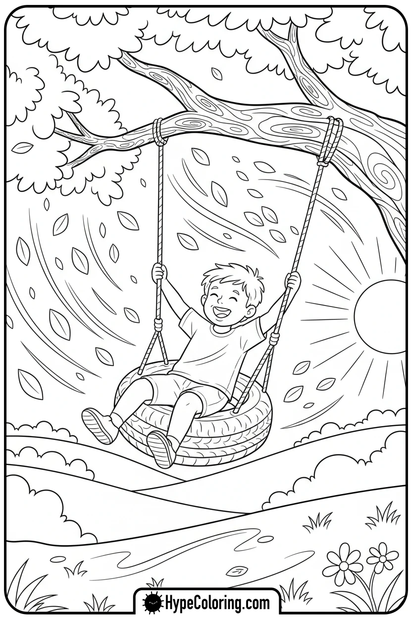 child-on-tree-tire-swing - tree coloring pages