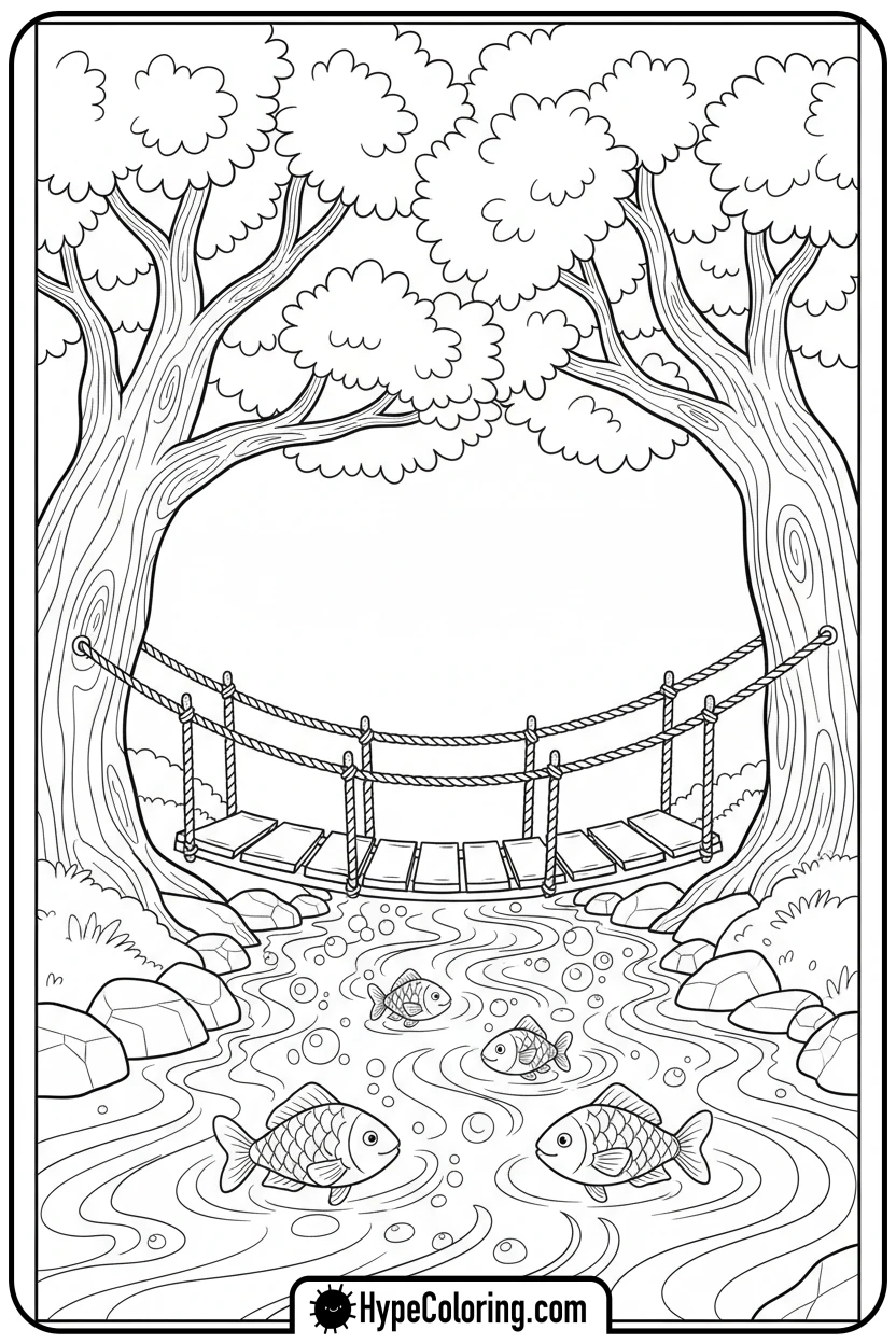 tree-bridge-over-stream - tree coloring pages
