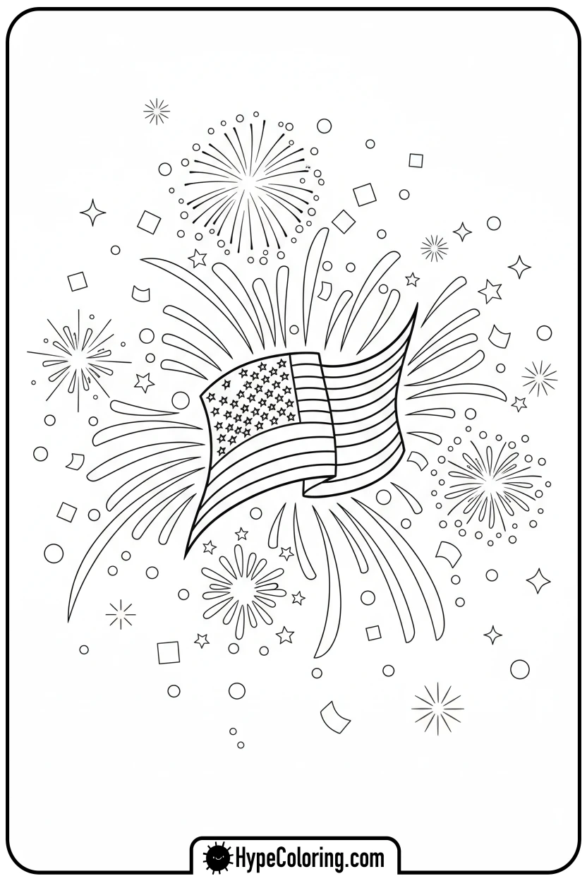 flag-with-fireworks-and-confetti - usa flag coloring page