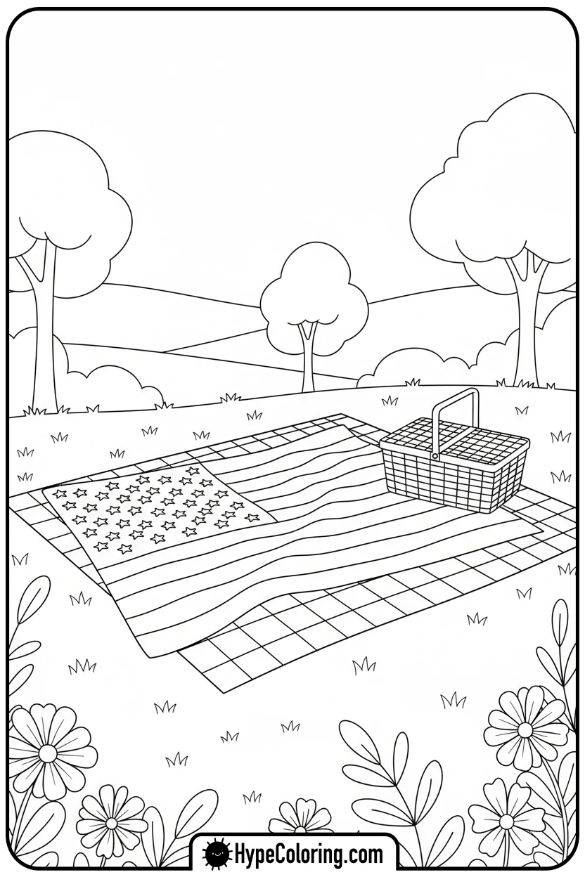 flag-on-picnic-blanket - usa flag coloring page