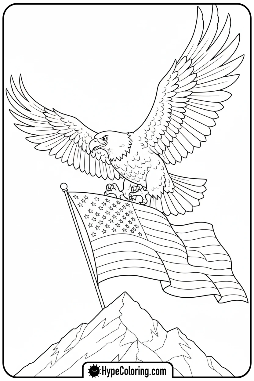 eagle-with-flag-on-mountain - usa flag coloring page