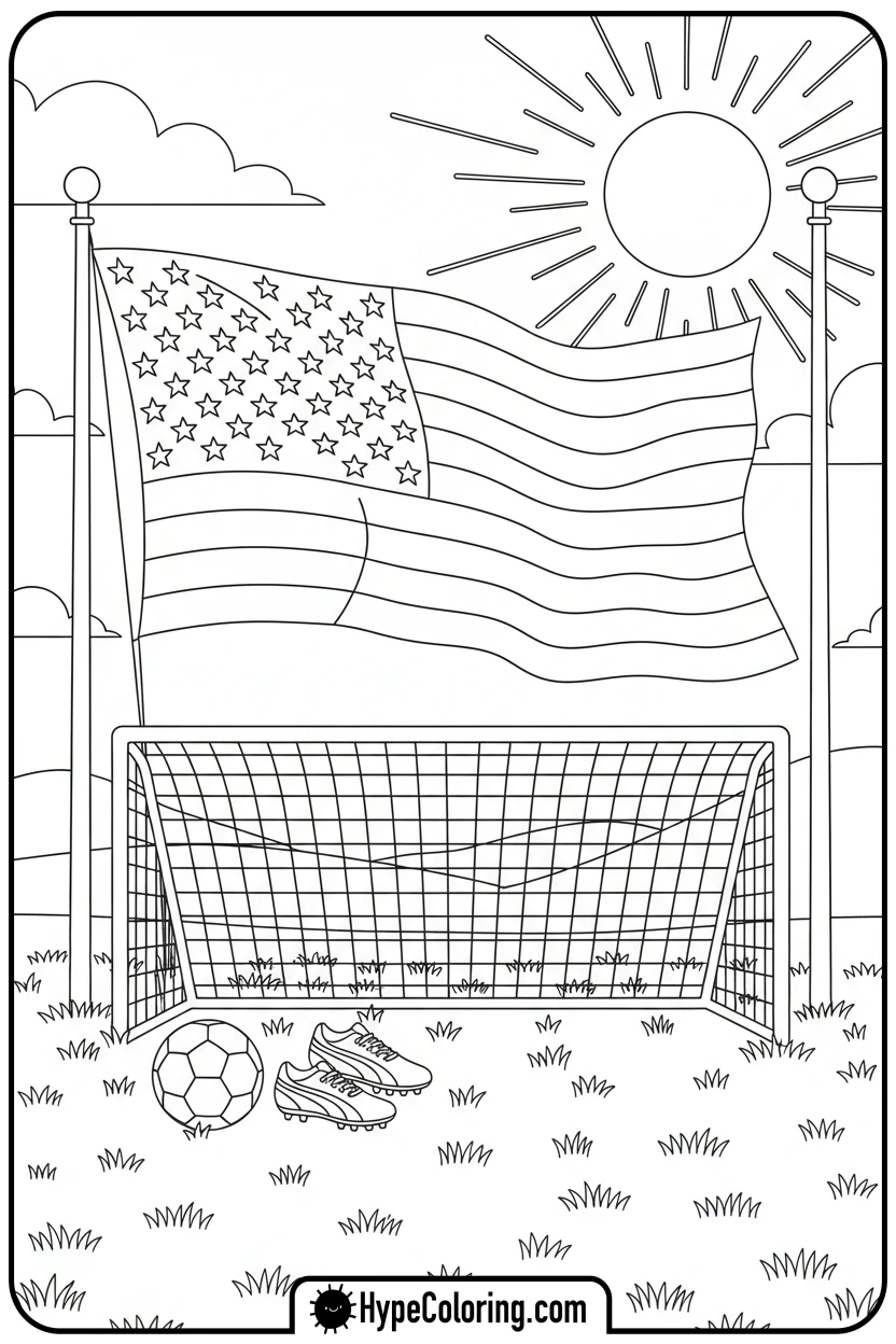flag-at-soccer-goal - usa flag coloring page