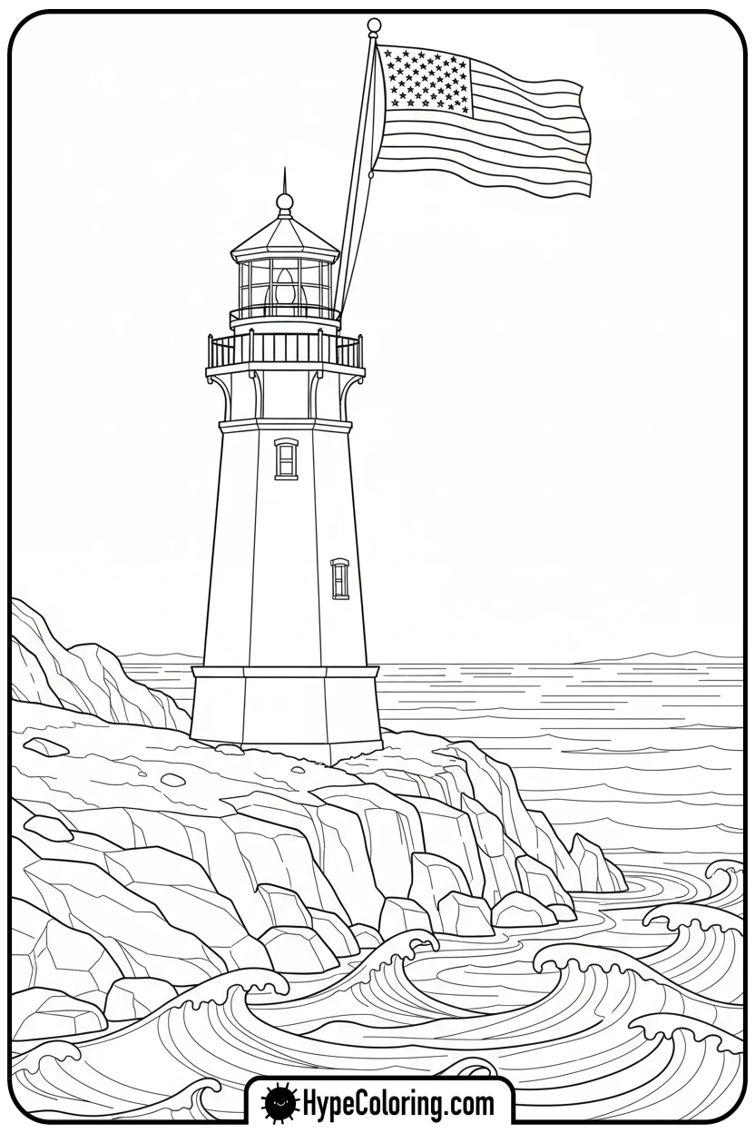 flag-on-lighthouse - usa flag coloring page