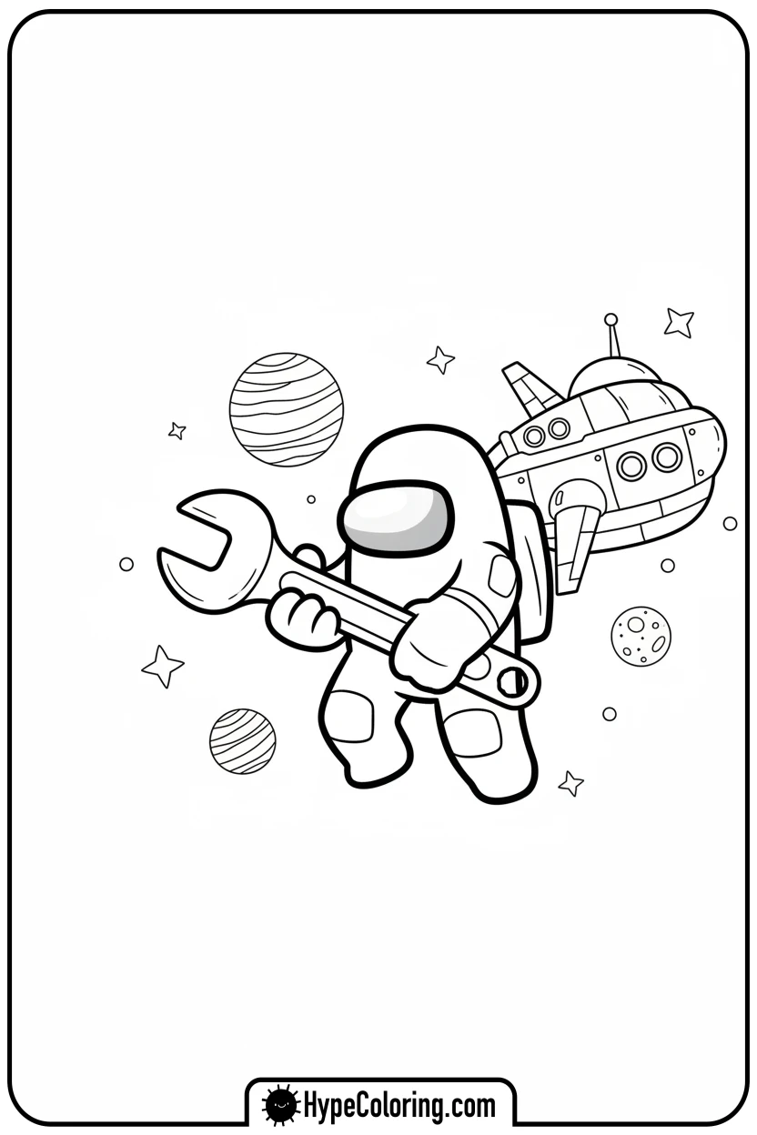 crewmate-fixing-spaceship-in-space - among us coloring page
