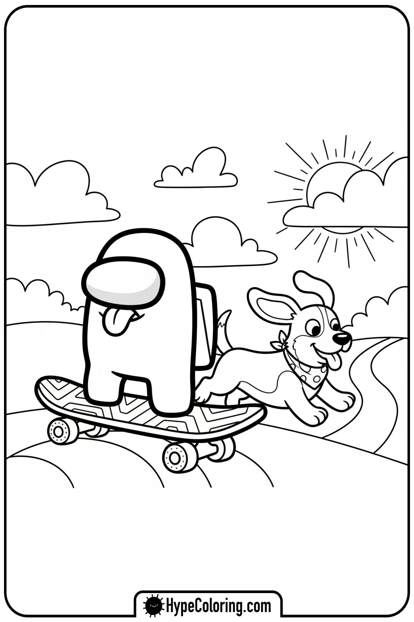 crewmate-skateboarding-with-dog - among us coloring page