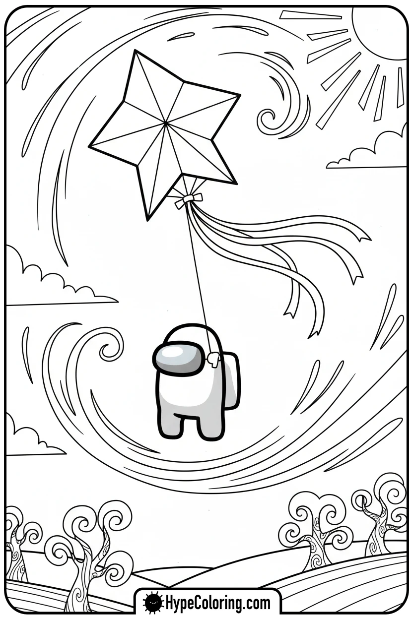 crewmate-flying-a-star-kite - among us coloring page