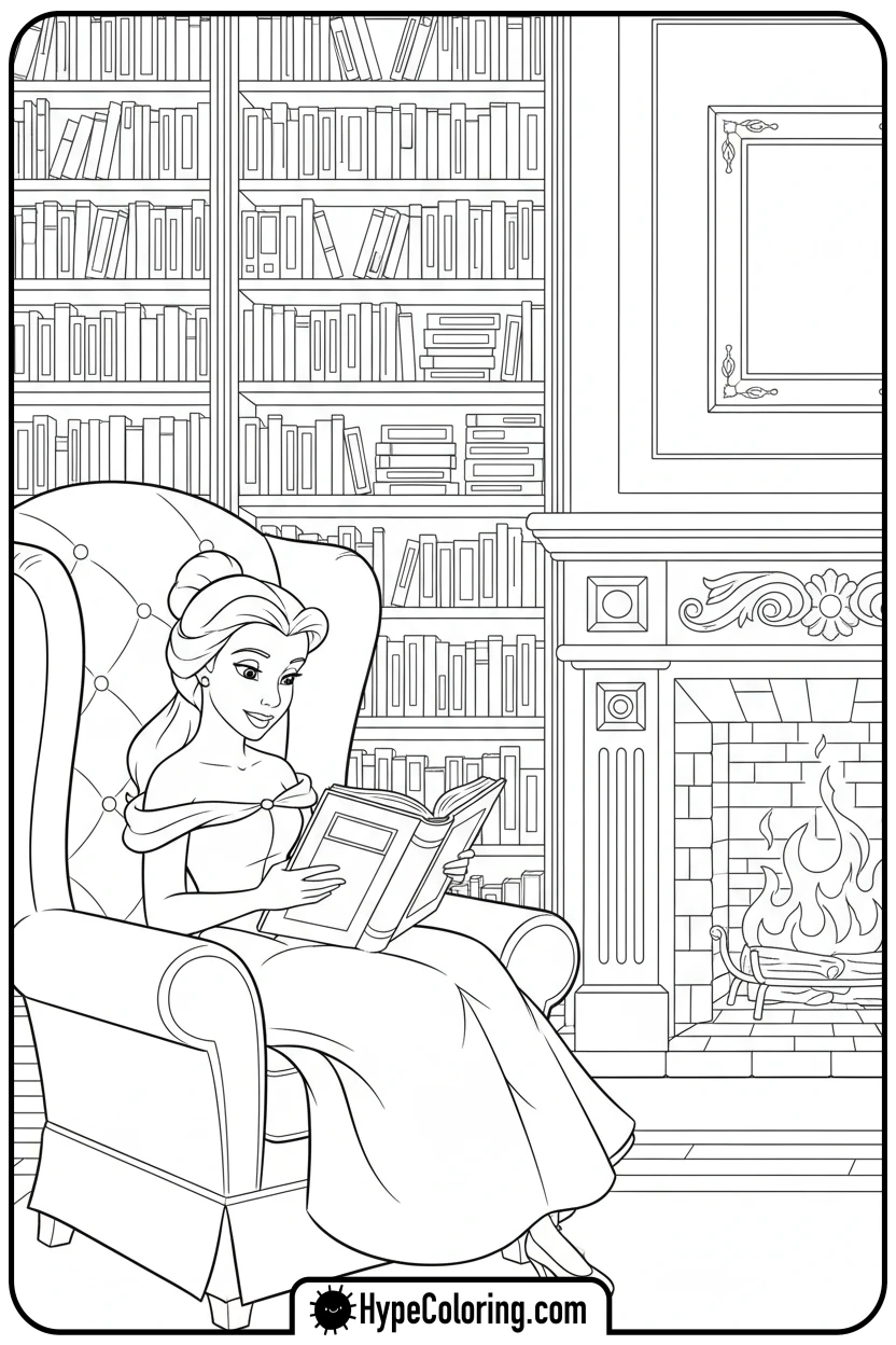 belle-reading-in-library - beauty and the beast coloring pages
