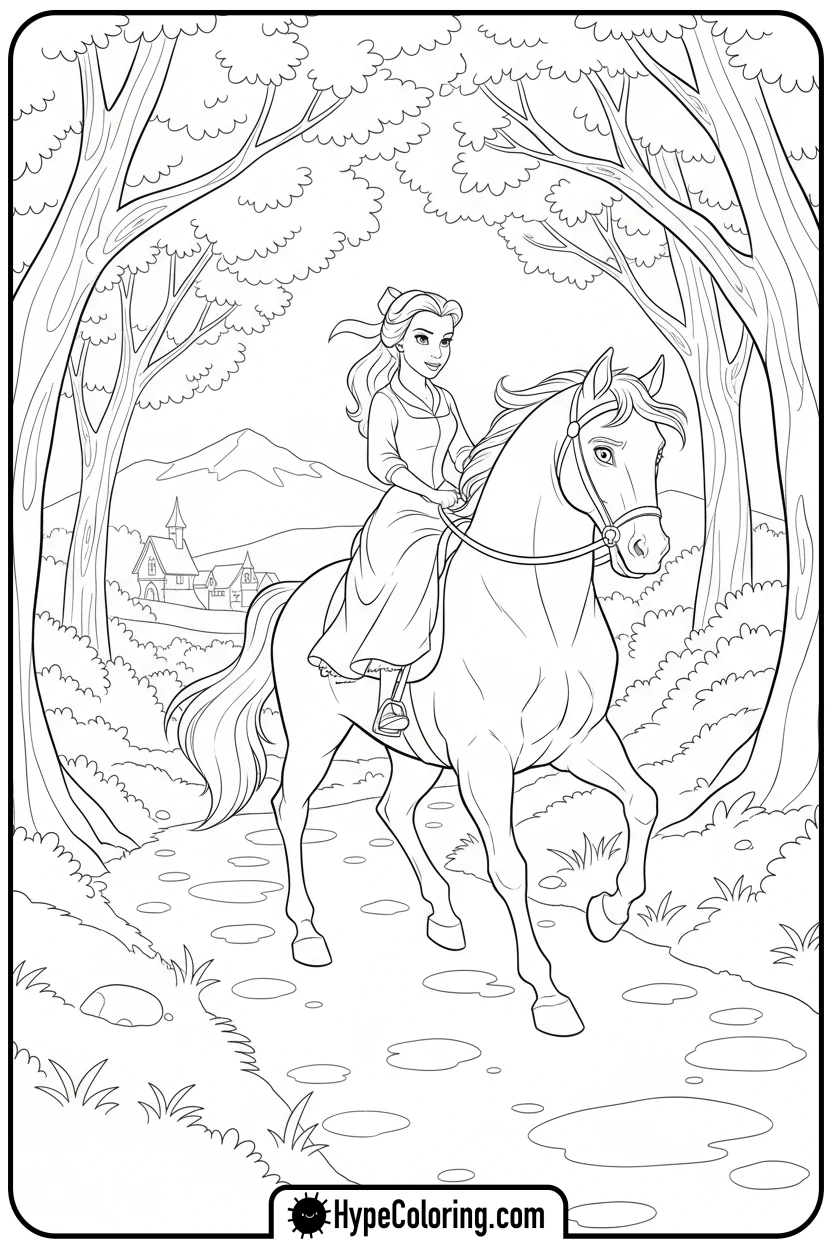 belle-riding-philippe-in-forest - beauty and the beast coloring pages