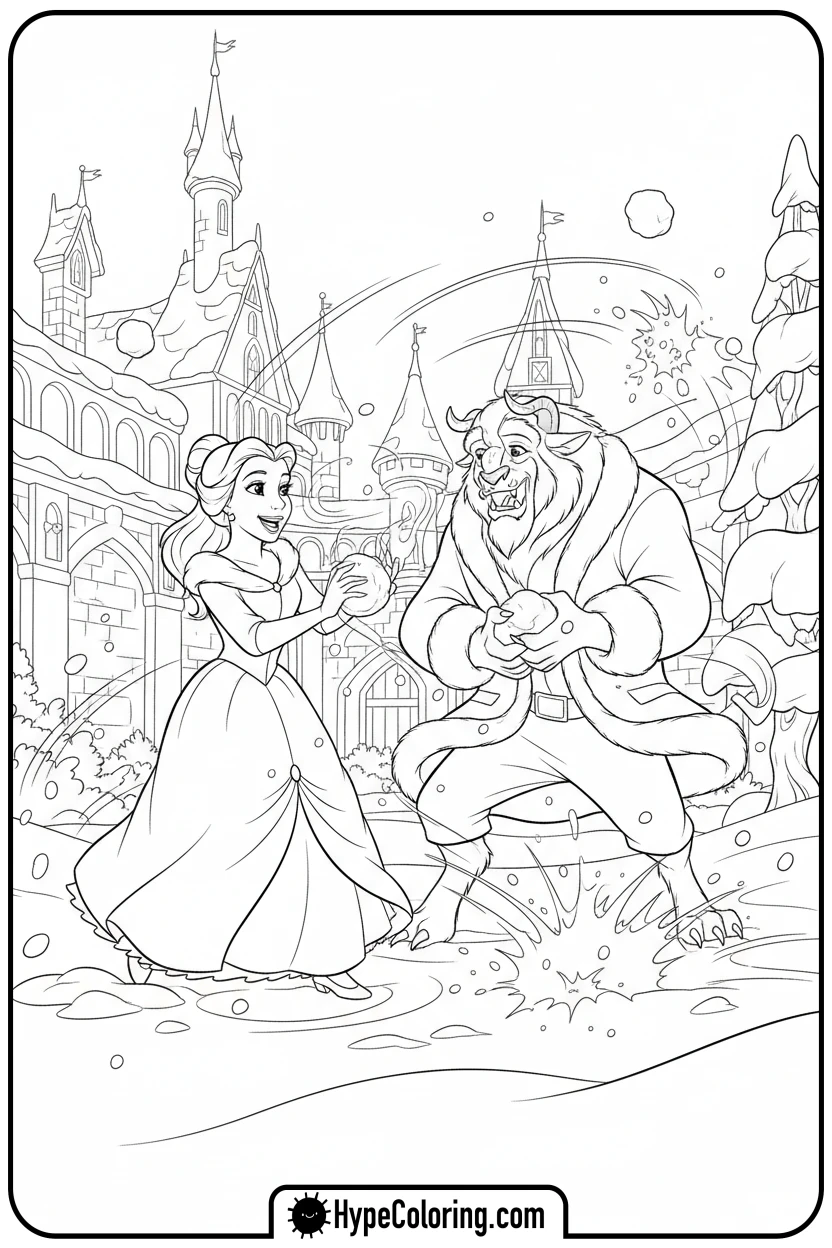 belle-and-beast-snowball-fight - beauty and the beast coloring pages