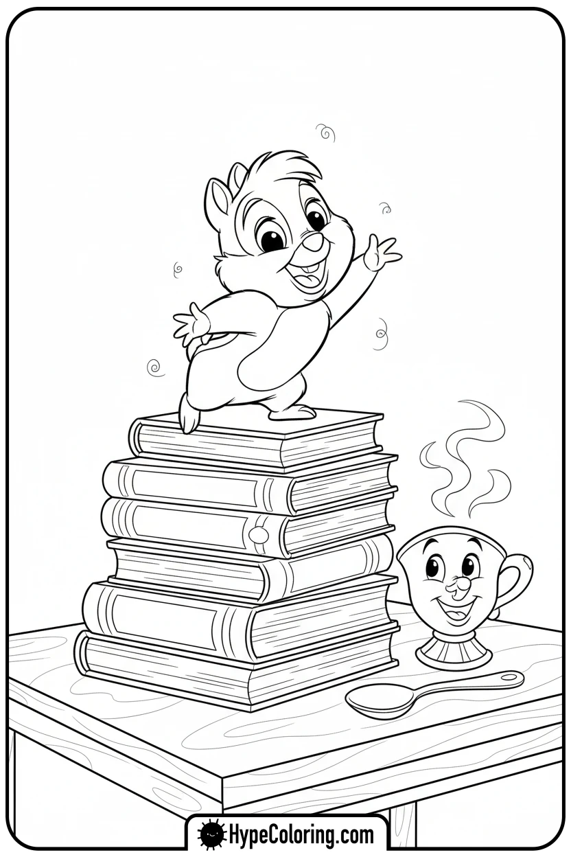 chip-playing-on-books - beauty and the beast coloring pages