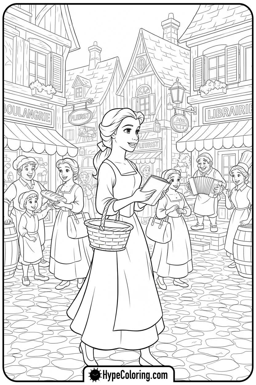 belle-in-the-village - beauty and the beast coloring pages