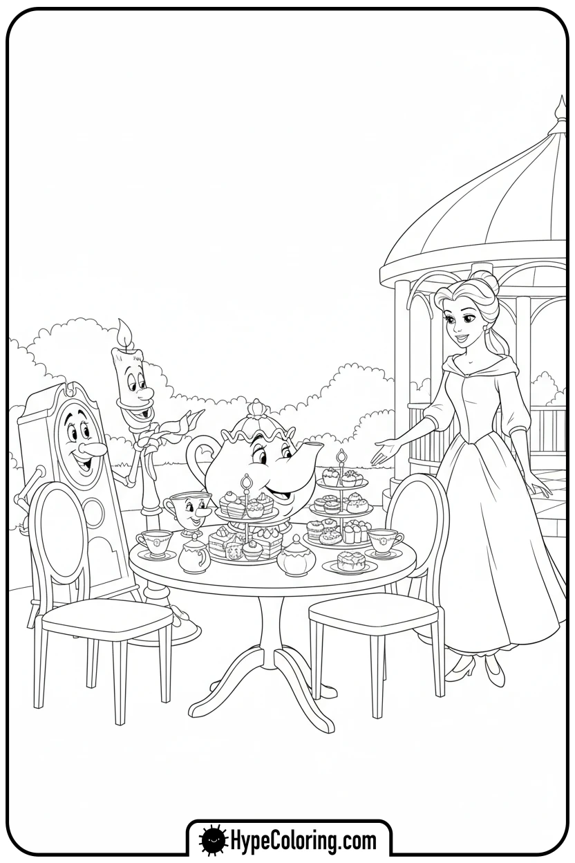 enchanted-objects-tea-party - beauty and the beast coloring pages