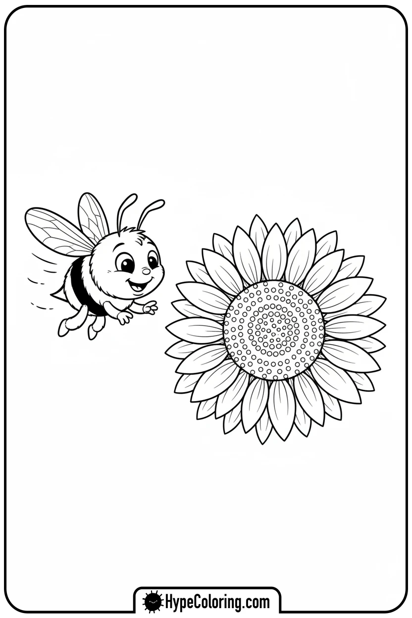 happy-bee-flying-to-sunflower - bee coloring pages