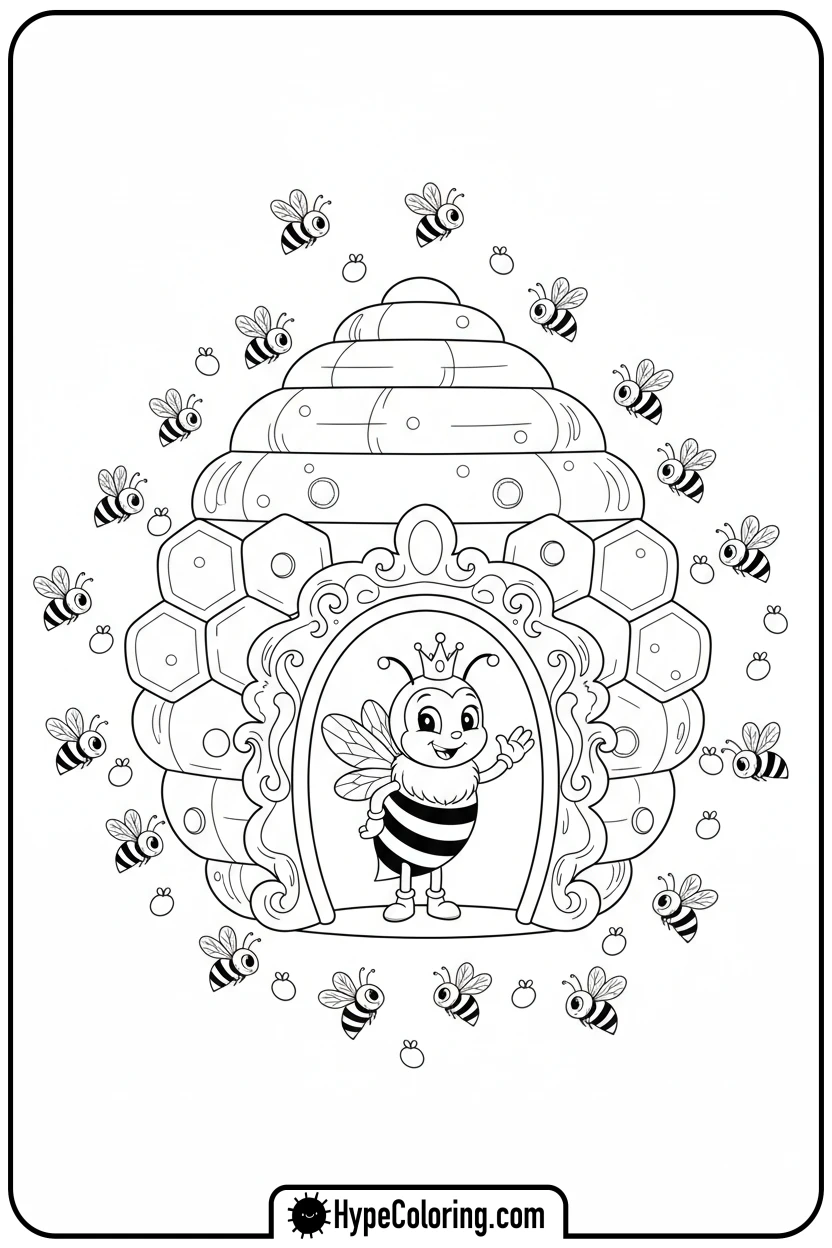 queen-bee-waving-from-hive - bee coloring pages