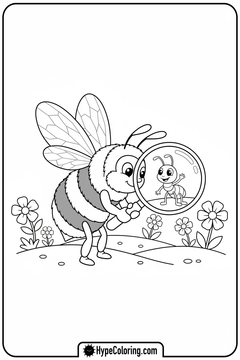 bumblebee-observing-ant-with-magnifier - bumblebee coloring page