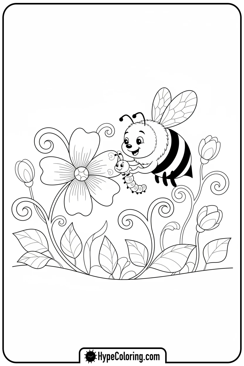 bumblebee-and-caterpillar-on-flower - bumblebee coloring page