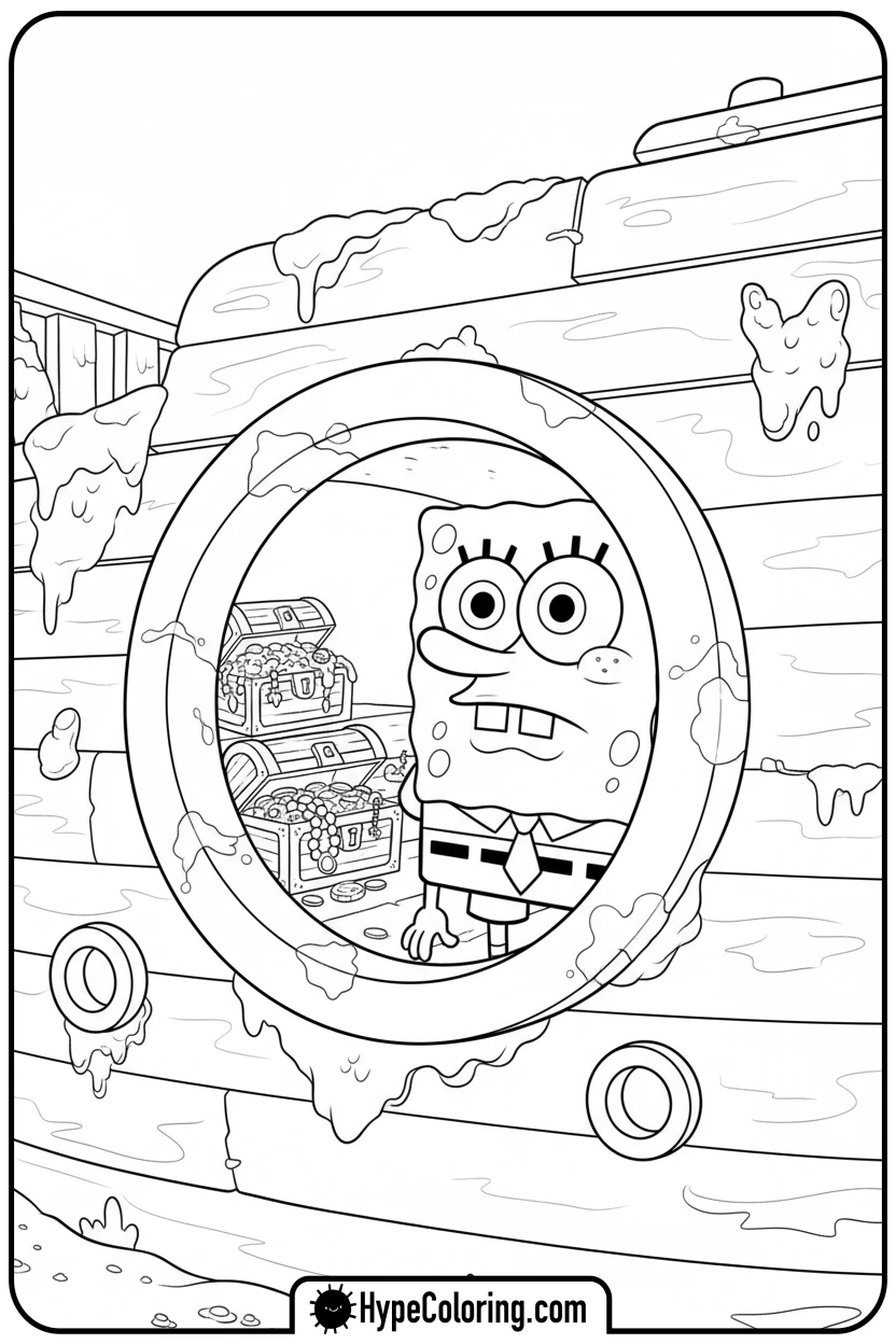 spongebob-exploring-sunken-ship - spongebob coloring pages