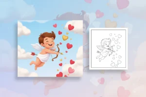 a-cheerful-cupid-flying-through - valentine s day coloring pages