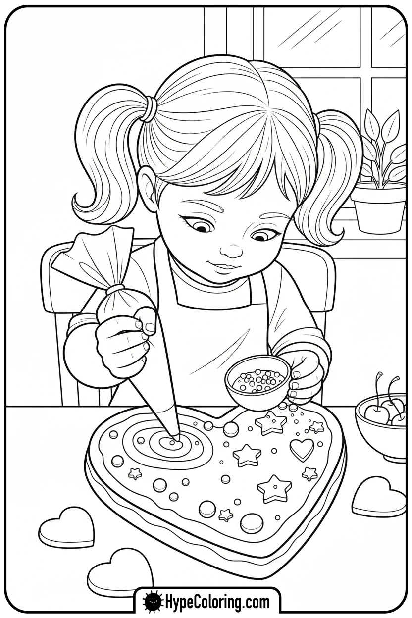 girl-decorating-heart-cookie - valentine s day coloring pages