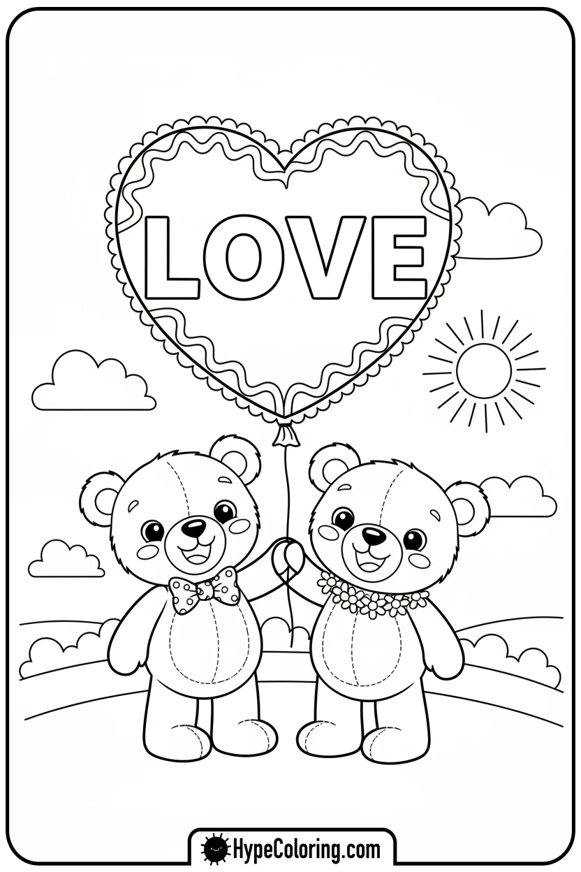 teddy-bears-holding-heart-balloon - valentine s day coloring pages