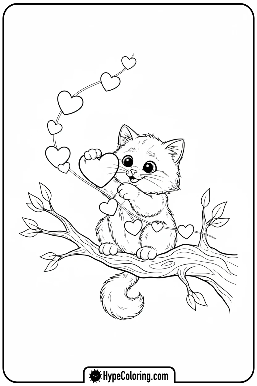 kitten-playing-with-heart-garland - valentine s day coloring pages