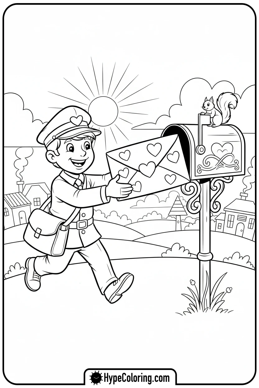 mail-carrier-delivering-heart-letter - valentine s day coloring pages