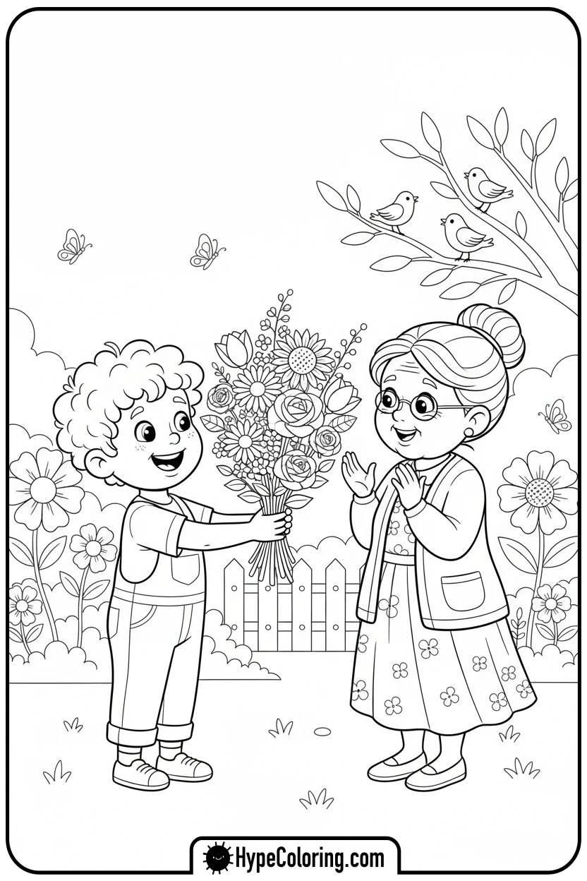 boy-giving-flowers-to-grandma - valentine s day coloring pages