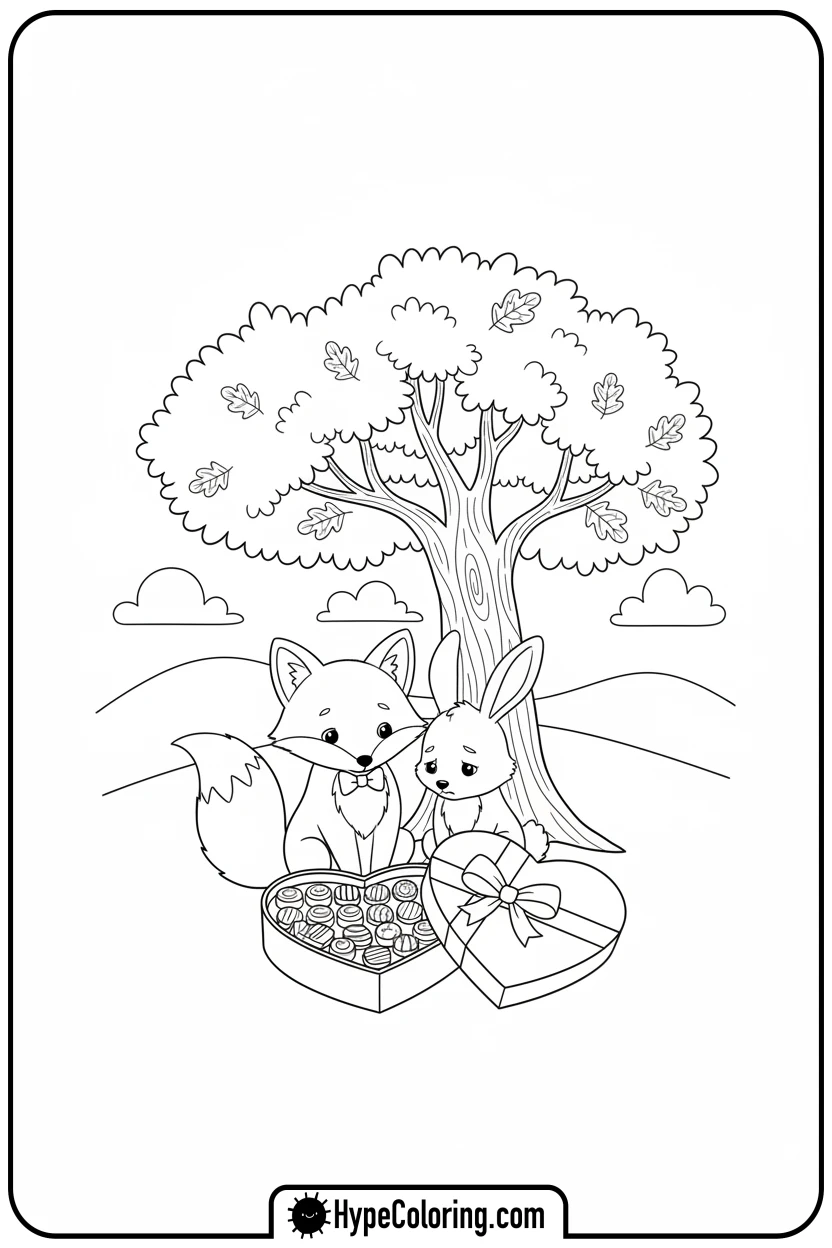 fox-and-rabbit-sharing-chocolates - valentine s day coloring pages
