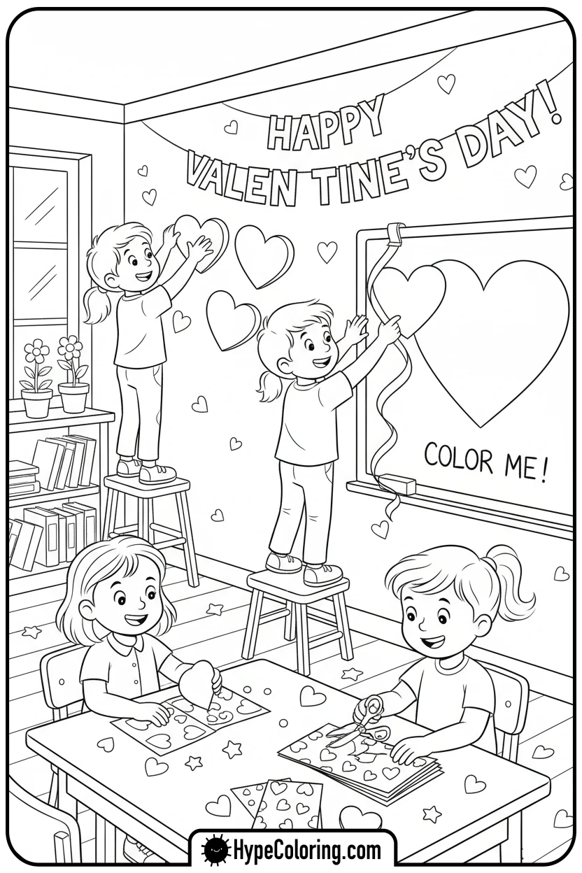 kids-decorating-for-valentine-s-party - valentine s day coloring pages
